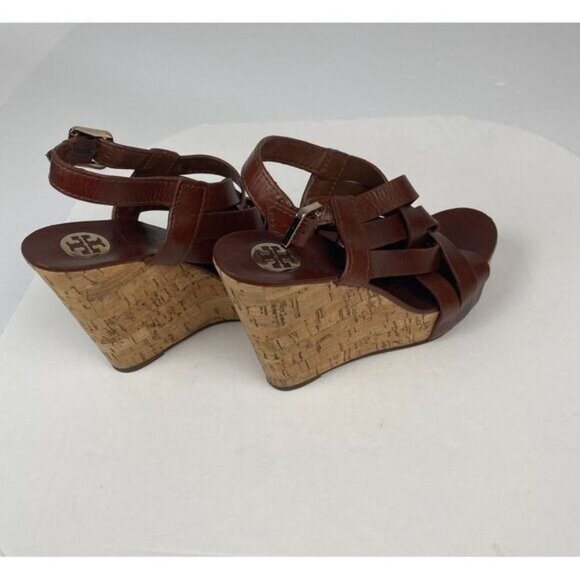 Tory Burch 7 M Ace High Wedge Platform Cork Slingback Heels Shoes Sandals Brown - Picture 13 of 16